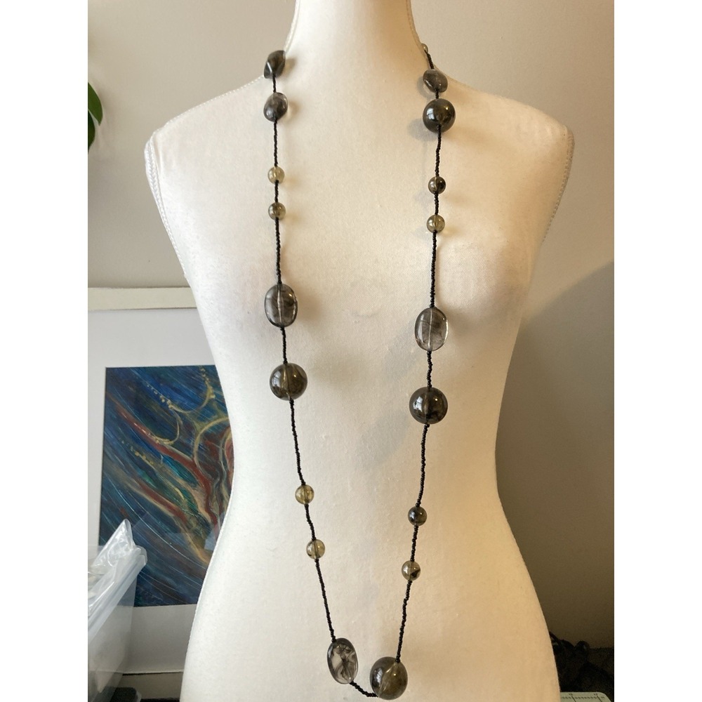 Long Smoky Gray Black Beaded Necklace Oval Round Beads Dark Romantic Statement